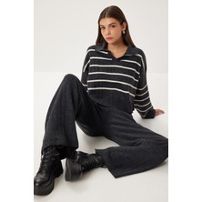 Happiness İstanbul Çizgili Triko Kazak Pantolon Takım LCI0054 Antrasit Kemik