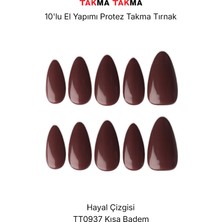 Takma Takma 10'lu Bordo Kısa Badem TT0937 Tekrar Kullanılabilir El Yapımı Protez Takma Tırnak - Bordo-S