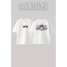 Anetos Kapli Simge Tasarım Sırt Baskılı Pamuk Beyaz Oversize T-Shirt