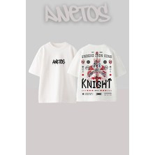 Anetos Knıght Tasarım Sırt Baskılı Pamuk Beyaz Oversize T-Shirt