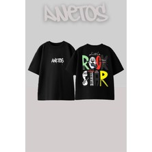 Anetos Rock Star Tasarım Sırt Baskılı Pamuk Siyah Oversize T-Shirt