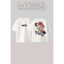 Anetos Mario 1 Tasarım Sırt Baskılı Pamuk Beyaz Oversize T-Shirt