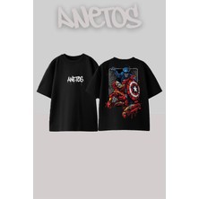 Anetos Captaın And Ironman Tasarım Sırt Baskılı Pamuk Siyah Oversize T-Shirt
