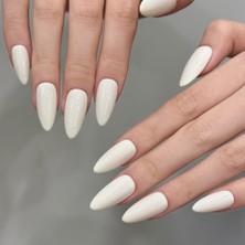 Takma Takma 10'lu Beyaz Uzun Badem TT1325 Tekrar Kullanılabilir El Yapımı Protez Takma Tırnak - Beyaz-S