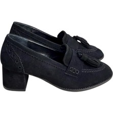 Tufan Shoes Siyah Hakiki Deri Süet Püskül Detay Topuklu Ayakkabı