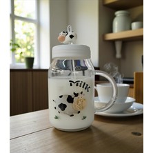 lstri Inek Desenli Pipetli Süt Kupası Büyük Cam Kupa