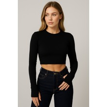 Sibel Günay Butik Kadın Buzy Kumaş Parmak Geçmeli Siyah Crop Body| Uzun Kollu – Likralı