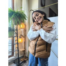 Şimo Butikkız-Erkek Çocuk Şişme Yelek Astarlı Fermuarlı Cepli Su Tutmaz Rüzgar Kesici Isı Yalıtımlı Bronz Taba