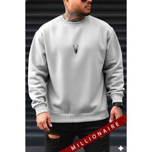 Millionaire Erkek Gri Melanj Geyik Kalın Soft 3 Iplik Içi Şardonlu 0 Sıfır Yaka Oversize Salaş Sweatshirt