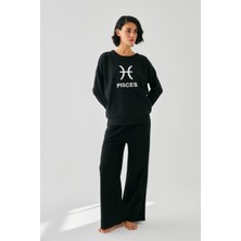 Modaserdem  Kadın Siyah Balık Burcu Oversize 2 Iplik Eşofman Ev Giyim Takımı