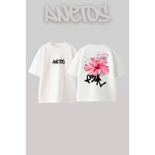 Anetos Pink Hibiscus 1 Tasarım Sırt Baskılı Pamuk Beyaz Oversize T-Shirt
