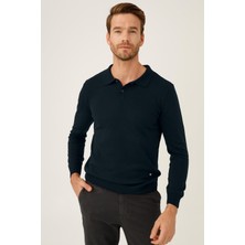 İGS Lacivert Standart Fit Dar Kalıp Polo Yaka Düz Uzun Kollu  Triko