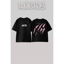 Anetos Black Pink 3 Tasarım Sırt Baskılı Pamuk Siyah Oversize T-Shirt
