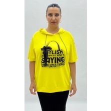 AlanyaXXL Büyük Beden Fiyonklu Taşlı Fermuarlı Kol Detaylı Oversize Kısa Kol Kadın Bluz