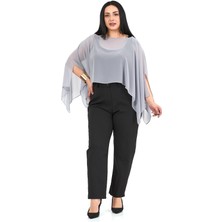 Disentis Modest Kadın Büyük Beden Açık Gri Asimetrik Kesim Şifon Pelerin Bolero Günlük Stil