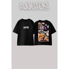 Anetos Blackpink Rose 4 Tasarım Sırt Baskılı Pamuk Siyah Oversize T-Shirt