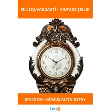Letsii Vintage Filli Duvar Saati Zarif Gümüş Altın Çerçeve 67X40 cm