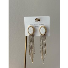 Marsel Beyaz Sedef  Oval Taş Su Yolu Model Sallantılı Gold Çelik Küpe