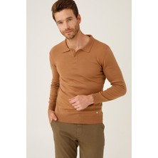 İGS Açık Kahve Standart Fit Dar Kalıp Polo Yaka Düz Uzun Kollu  Triko