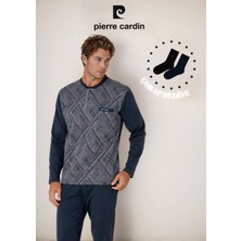 Pierre Cardin Erkek %100 Pamuk Uzun Kol Jakarlı & Düğme Detaylı Pijama Takımı (2 Adet Hediye Çorap) L1.PC.6108.001