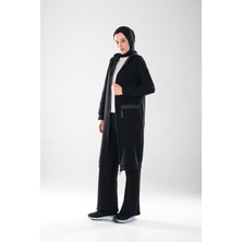 Plistre 2282_KADIN File Detaylı Kapüşonlu Fermuarlı Tesettür Kap-Boru Paça Pantolon 2\'li Spor Takım, Siyah