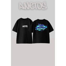 Anetos Happy Birtyhday Tasarım Sırt Baskılı Pamuk Siyah Oversize T-Shirt
