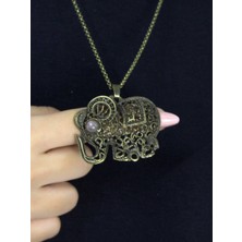 Esha Store Doğal Taş Pembe Kuvars Doğal Taşlı Fil Modelli Antik Kadın Kolye EUK43PK