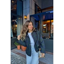 Sue Store Lacivert Yeşil Ekoseli Kadife Yakalı Kapitone Ceket