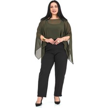 Disentis Modest Kadın Haki Renk Büyük Beden Asimetrik Kesim Şifon Pelerin Bolero