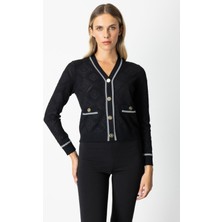 On Kadın V Yaka Kabartmalı Hırka 60950 Siyah