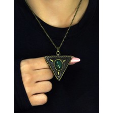 Esha Store Doğal Taş Yeşil Akik Doğal Taşlı Üçgen Model Antik Kadın Kolye EUK41YA