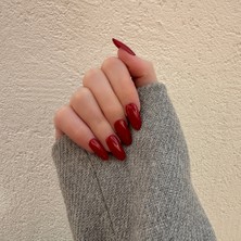 Takma Takma 15'li Kırmızı Oval TT0559 Tekrar Kullanılabilir El Yapımı Protez Takma Tırnak - Kırmızı-XS