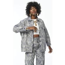 Orfeonegro Kadın Çift Cepli Desenli Lacivert Gömlek