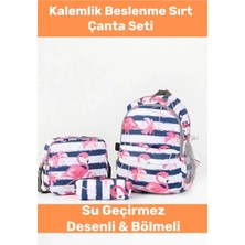 Enenstyle Fermuarlı Geniş 1.kalite Su Geçirmez Desenli Bölmeli Üçlü Okul Kalemlik Beslenme Sırt Çanta Seti