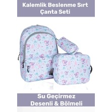 Enenstyle Fermuarlı Geniş 1.kalite Su Geçirmez Desenli Bölmeli Üçlü Okul Kalemlik Beslenme Sırt Çanta Seti