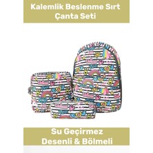 Enenstyle Fermuarlı Geniş 1.kalite Su Geçirmez Desenli Bölmeli Üçlü Okul Kalemlik Beslenme Sırt Çanta Seti