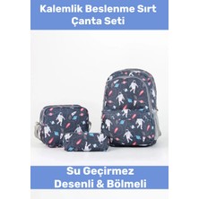 Enenstyle Fermuarlı Geniş 1.kalite Su Geçirmez Desenli Bölmeli Üçlü Okul Kalemlik Beslenme Sırt Çanta Seti