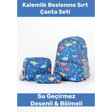 Enenstyle Fermuarlı Geniş 1.kalite Su Geçirmez Desenli Bölmeli Üçlü Okul Kalemlik Beslenme Sırt Çanta Seti