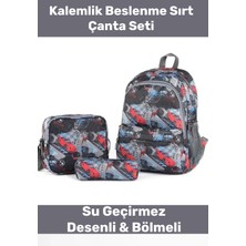 Enenstyle Fermuarlı Geniş 1.kalite Su Geçirmez Desenli Bölmeli Üçlü Okul Kalemlik Beslenme Sırt Çanta Seti