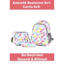Enenstyle Fermuarlı Geniş 1.kalite Su Geçirmez Desenli Bölmeli Üçlü Okul Kalemlik Beslenme Sırt Çanta Seti