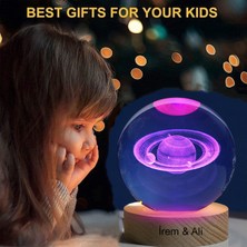 Keyfim Shop Kişiye Özel Büyük Boy Işıklı Ahşap Kaideli Satürn Cam Küre 8cm