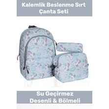 Enenstyle Fermuarlı Geniş 1.kalite Su Geçirmez Desenli Bölmeli Üçlü Okul Kalemlik Beslenme Sırt Çanta Seti