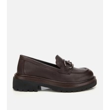 Hotiç Kadın Deri Kahverengi Tokalı Yüksek Tabanlı Klasik Loafer