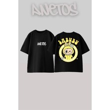 Anetos Labubu Yellow Tasarım Sırt Baskılı Pamuk Siyah Oversize T-Shirt