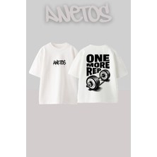 Anetos One More Rep 1 Tasarım Sırt Baskılı Pamuk Beyaz Oversize T-Shirt