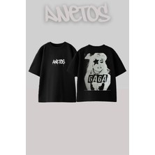Anetos Lady Gaga 9 Tasarım Sırt Baskılı Pamuk Siyah Oversize T-Shirt