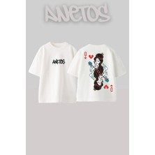 Anetos Kart Tasarım Sırt Baskılı Pamuk Beyaz Oversize T-Shirt