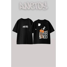 Anetos Hızlı Trendekı Kedıler Tasarım Sırt Baskılı Pamuk Siyah Oversize T-Shirt