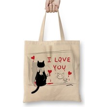 Toyaso Kedi Cat Love Sevgili Beyaz Bez Çanta Uzun Saplı Alışveriş Çantası Plaj Çantası