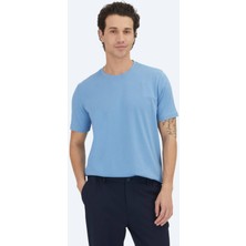 Kip Unisex Mavi Düz Bisiklet Yaka %100 Pamuk T-Shirt